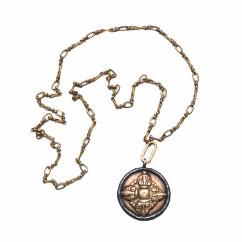 Tibetan Dharma Wheel Brass Pendant Necklace